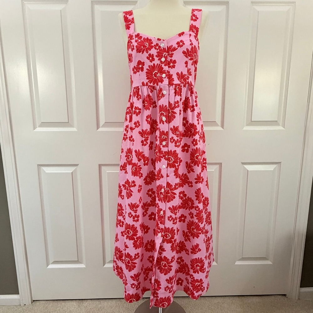 Draper James Cornelia Pink Red Floral Midi Dress Women Size Medium NWT
